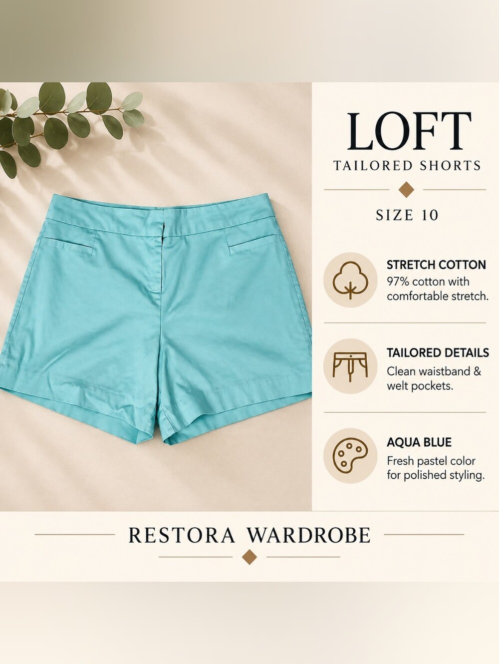 The Limited Tailored Shorts Aqua Blue Stretch Cotton Size 14 Preppy